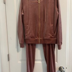 Pink velvet sweat suit.